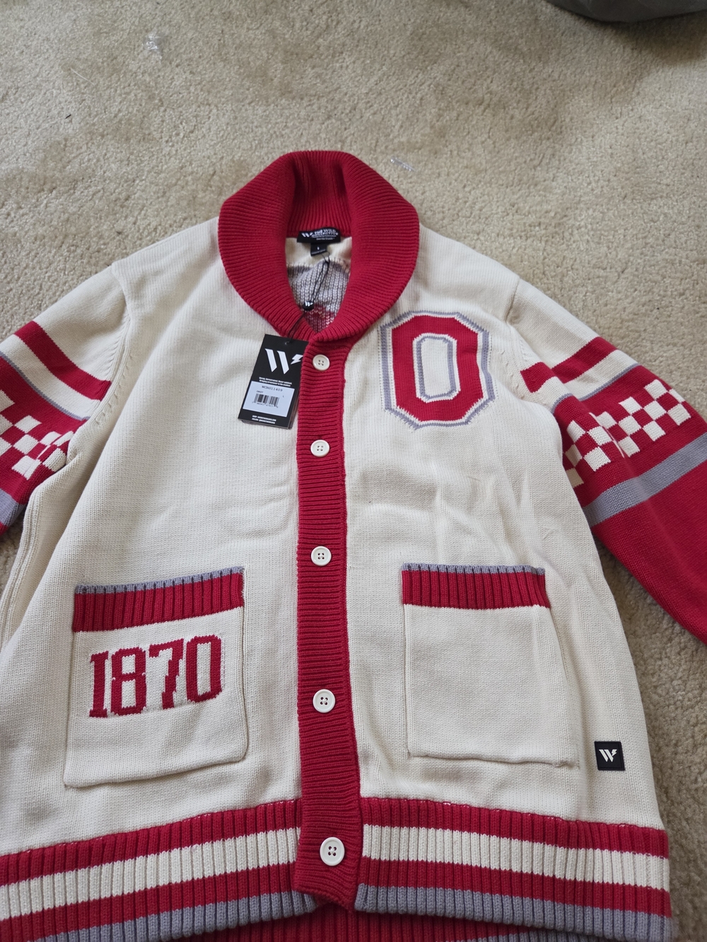Wellensteyn Ohio State Cream & Red Cardigan Patch Sweater